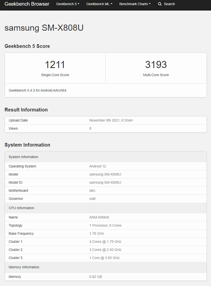 Планшет Samsung Galaxy Tab S8 засветился на GeekBench